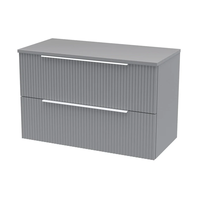 Hudson Reed Fluted 800mm Wall Hung 2 Drawer Vanity & Worktop Contemp Satin Grey MFC Painted Gloss 518x805x390mm