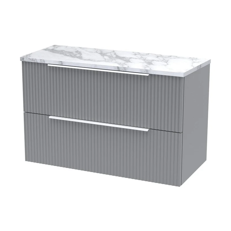 Hudson Reed Fluted 800mm Wall Hung 2-drawer Vanity & Laminate Worktop Contemp Satin Grey MFC Painted Gloss 522x805x390mm