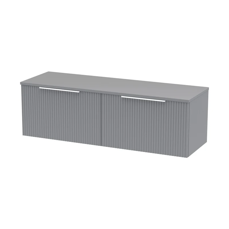 Hudson Reed Fluted 1200mm Wall Hung 2 Drawer Vanity & Worktop Contemp Satin Grey MFC Painted Gloss 377x1205x390mm