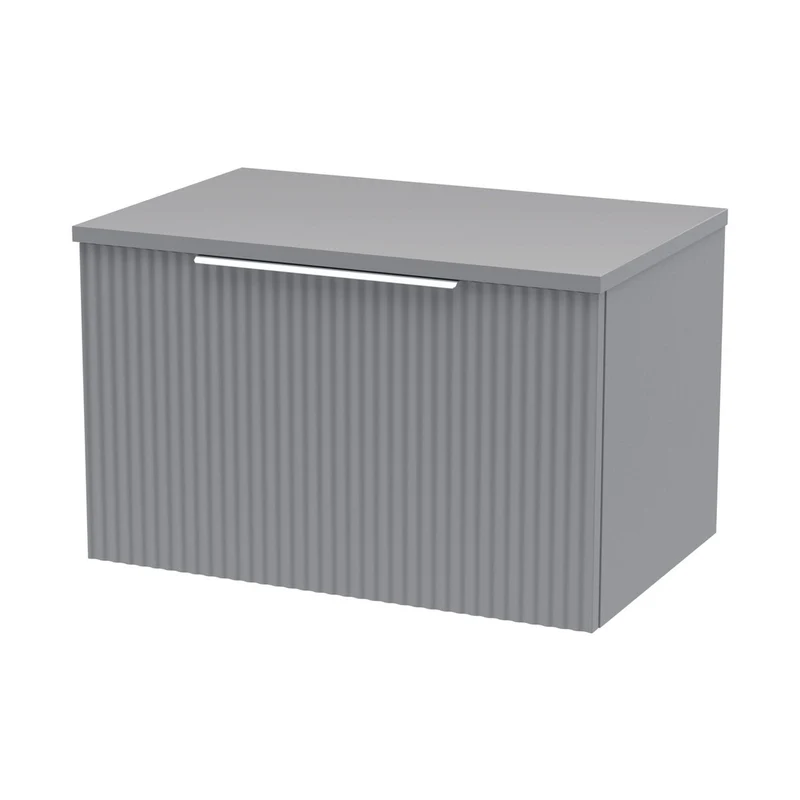 Hudson Reed Fluted 600mm Wall Hung Single Drawer Vanity & Worktop Contemp Satin Grey MFC Painted Gloss 377x605x390mm