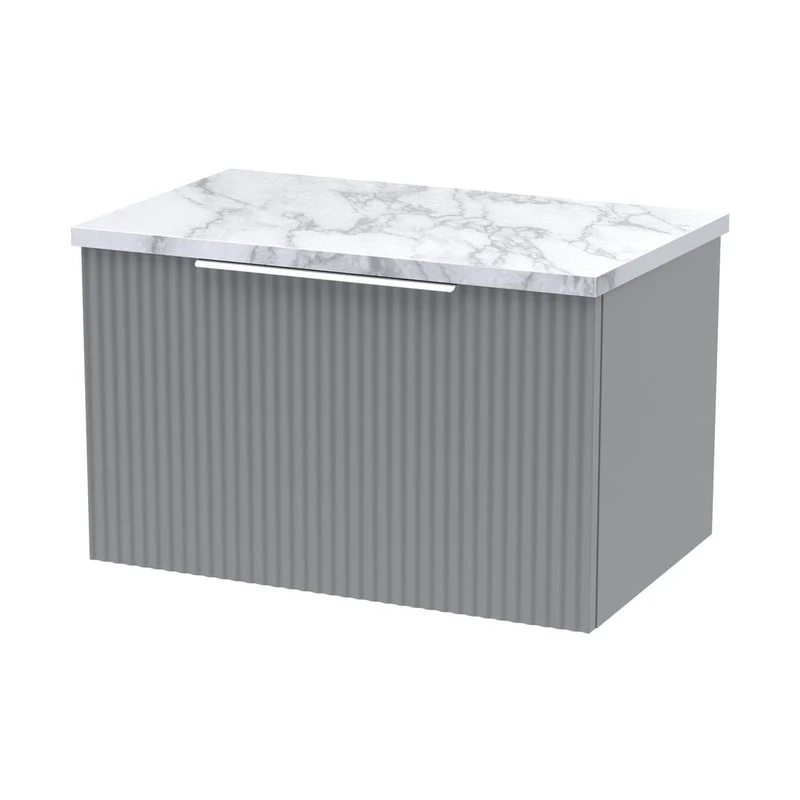 Hudson Reed Fluted 600mm Wall Hung Single Drawer Vanity & Laminate Worktop Contemp Satin Grey MFC Painted Gloss 381x605x390mm