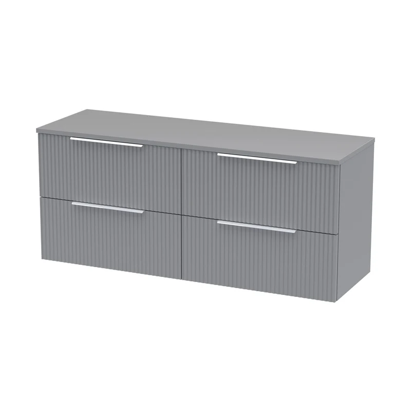 Hudson Reed Fluted 1200mm Wall Hung 4 Drawer Vanity & Worktop Contemp Satin Grey MFC Painted Gloss 518x1205x390mm