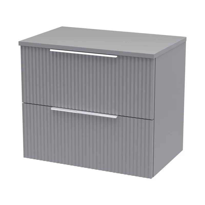Hudson Reed Fluted 600mm Wall Hung 2 Drawer Vanity & Worktop Contemp Satin Grey MFC Painted Gloss 518x605x390mm