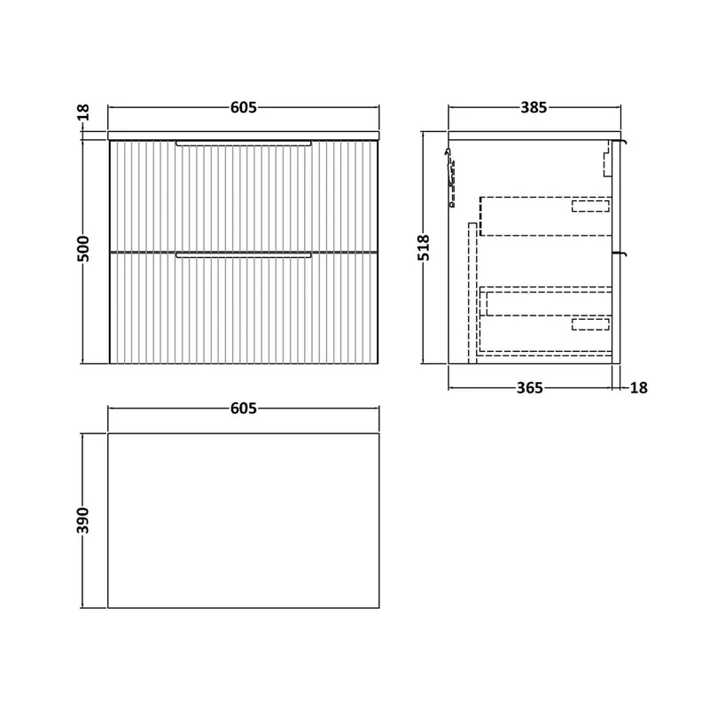 Hudson Reed Fluted 600mm Wall Hung 2 Drawer Vanity & Worktop Contemp Satin Grey MFC Painted Gloss 518x605x390mm