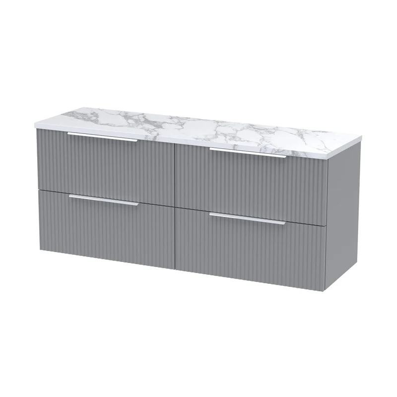 Hudson Reed Fluted 1200 Wall Hung 4-drawer Vanity & Laminate Worktop Contemp Satin Grey MFC Painted Gloss 545x1215x455mm - DFF293LCM2
