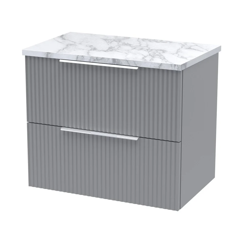 Hudson Reed Fluted 600mm Wall Hung 2-drawer Vanity & Laminate Worktop Contemp Satin Grey MFC Painted Gloss 522x605x390mm