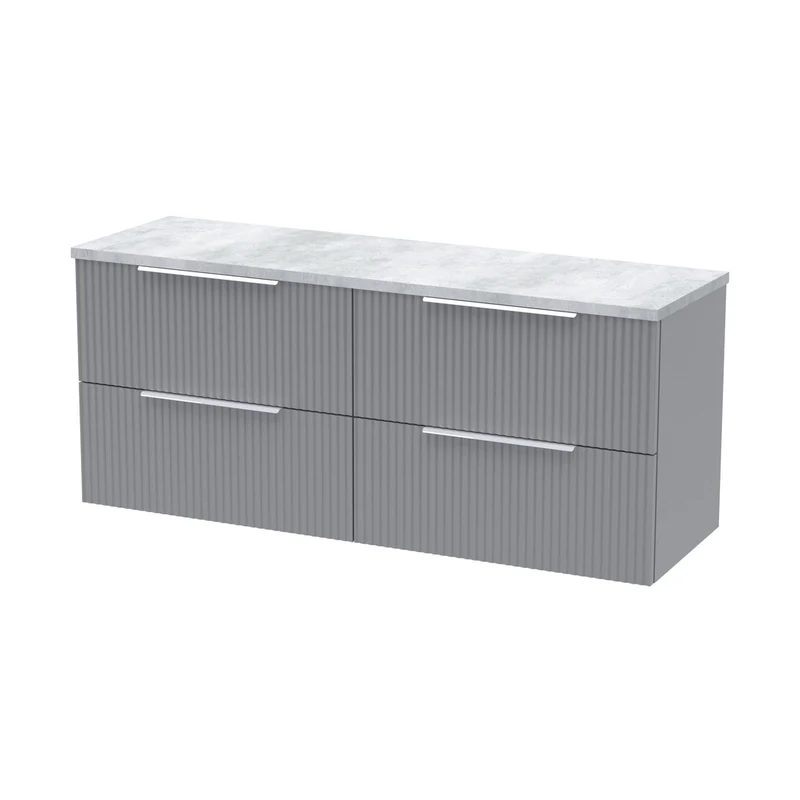 Hudson Reed Fluted 1200 Wall Hung 4-drawer Vanity & Laminate Worktop Contemp Satin Grey MFC Painted Gloss 545x1215x455mm - DFF293LBG2