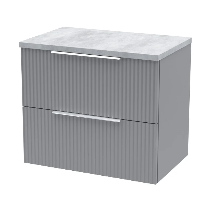 Hudson Reed Fluted 600mm Wall Hung 2 Drawer Vanity & Laminate Top Contemp Satin Grey MFC Painted Gloss 522x605x390mm - DFF293LBG