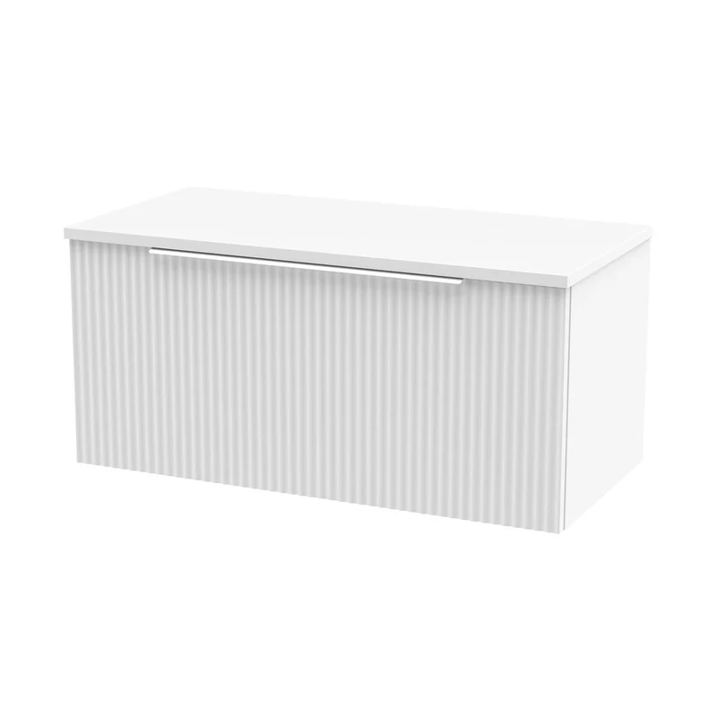 Hudson Reed Fluted 800mm Wall Hung Single Drawer Vanity & Worktop Contemp Satin White MFC Painted Gloss 377x805x390mm