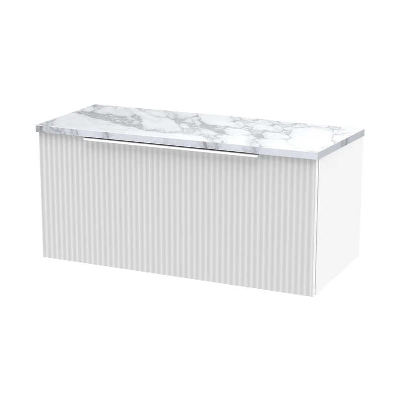 Hudson Reed Fluted 800mm Wall Hung Single Drawer Vanity & Laminate Worktop Contemp Satin White MFC Painted Gloss 381x805x390mm