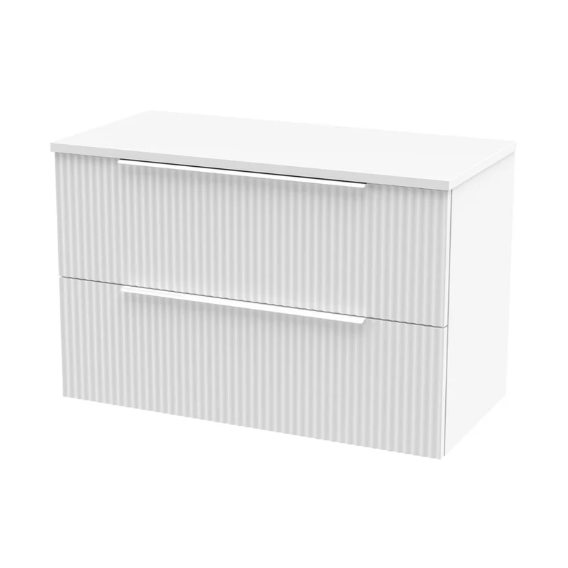 Hudson Reed Fluted 800mm Wall Hung 2 Drawer Vanity & Worktop Contemp Satin White MFC Painted Gloss 518x805x390mm