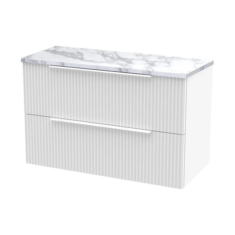 Hudson Reed Fluted 800mm Wall Hung 2-drawer Vanity & Laminate Worktop Contemp Satin White MFC Painted Gloss 522x805x390mm
