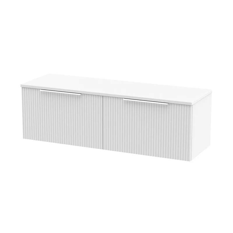 Hudson Reed Fluted 1200mm Wall Hung 2 Drawer Vanity & Worktop Contemp Satin White MFC Painted Gloss 377x1205x390mm