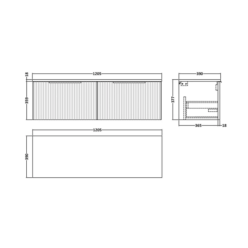 Hudson Reed Fluted 1200mm Wall Hung 2 Drawer Vanity & Worktop Contemp Satin White MFC Painted Gloss 377x1205x390mm
