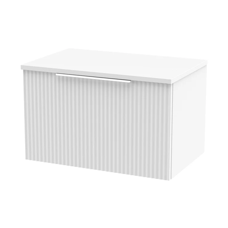 Hudson Reed Fluted 600mm Wall Hung Single Drawer Vanity & Worktop Contemp Satin White MFC Painted Gloss 377x605x390mm