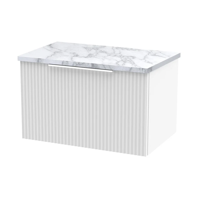 Hudson Reed Fluted 600mm Wall Hung Single Drawer Vanity & Laminate Worktop Contemp Satin White MFC Painted Gloss 381x605x390mm