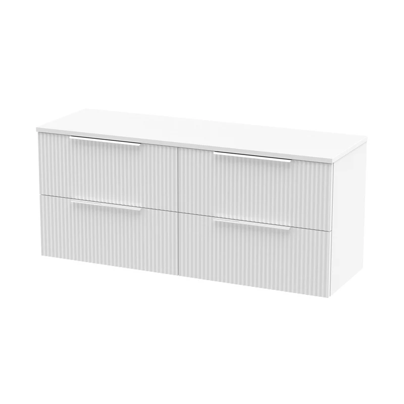 Hudson Reed Fluted 1200mm Wall Hung 4 Drawer Vanity & Worktop Contemp Satin White MFC Painted Gloss 518x1205x390mm