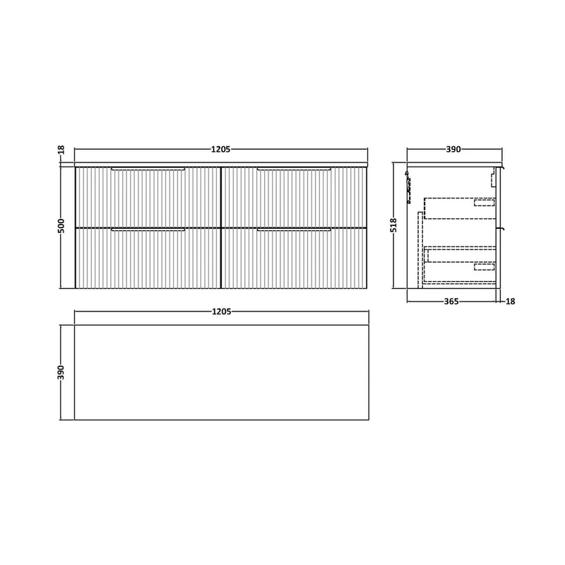 Hudson Reed Fluted 1200mm Wall Hung 4 Drawer Vanity & Worktop Contemp Satin White MFC Painted Gloss 518x1205x390mm