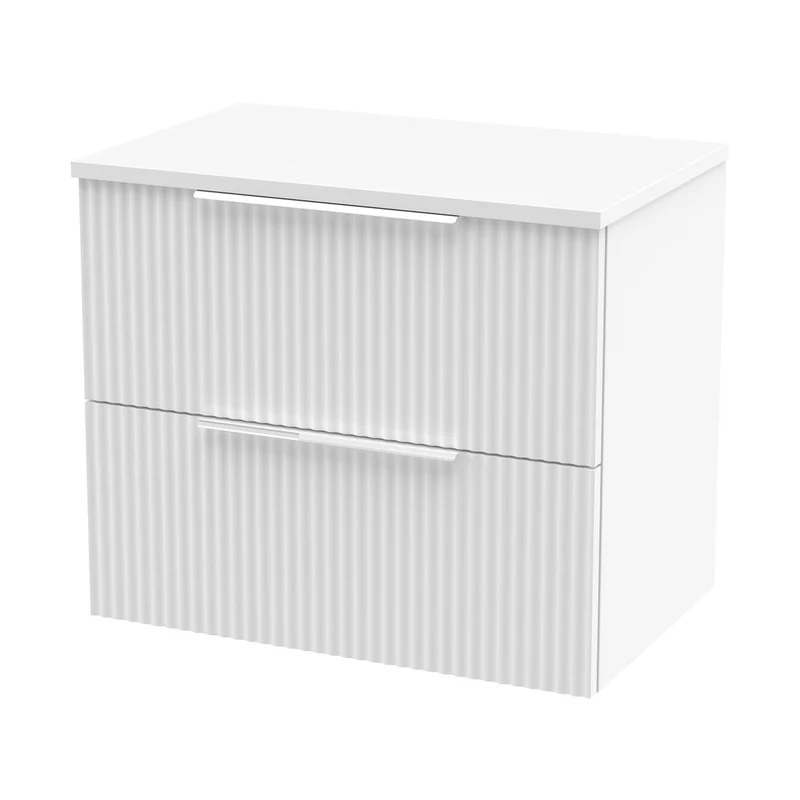 Hudson Reed Fluted 600mm Wall Hung 2 Drawer Vanity & Worktop Contemp Satin White MFC Painted Gloss 518x605x390mm