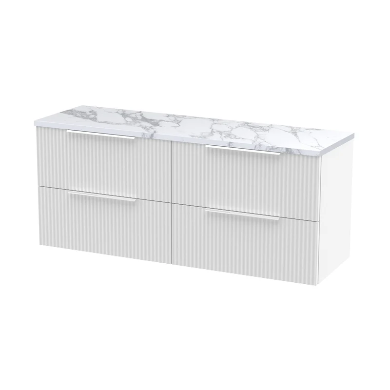 Hudson Reed Fluted 1200 Wall Hung 4-drawer Vanity & Laminate Worktop Contemp Satin White MFC Painted Gloss 545x1215x455mm - DFF193LCM2