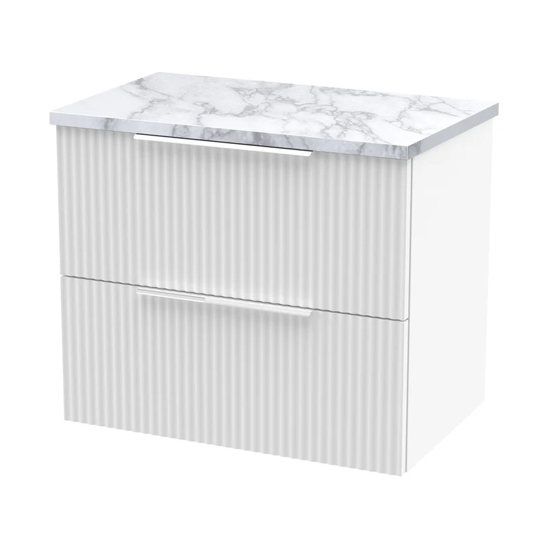 Hudson Reed Fluted 600mm Wall Hung 2-drawer Vanity & Laminate Worktop Contemp Satin White MFC Painted Gloss 522x605x390mm