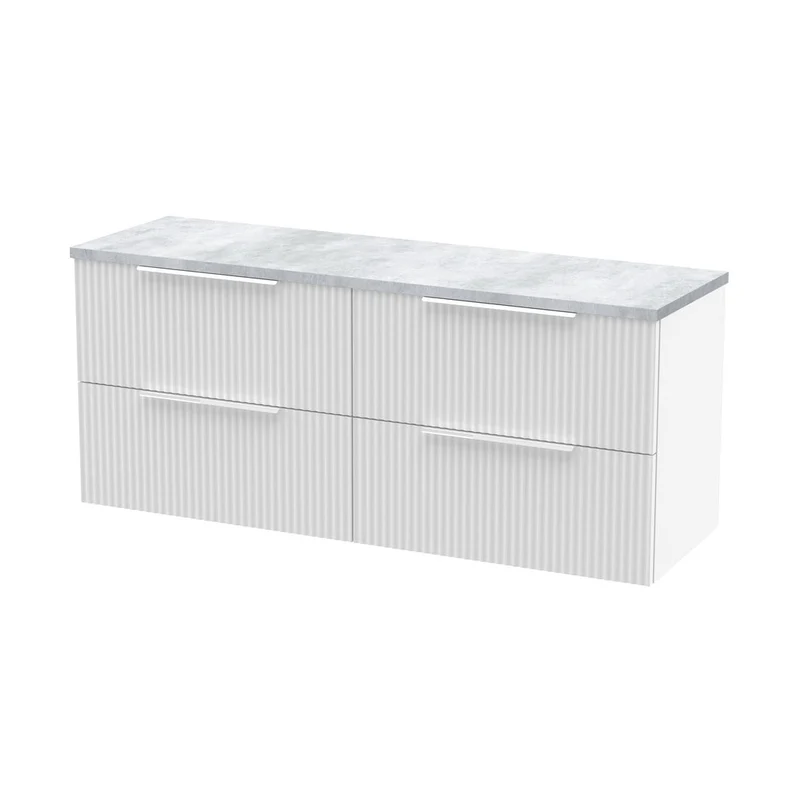 Hudson Reed Fluted 1200 Wall Hung 4-drawer Vanity & Laminate Worktop Contemp Satin White MFC Painted Gloss 545x1215x455mm - DFF193LBG2