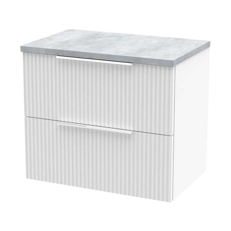 Hudson Reed Fluted 600mm Wall Hung 2 Drawer Vanity & Laminate Top Contemp Satin White MFC Painted Gloss 522x605x390mm - DFF193LBG