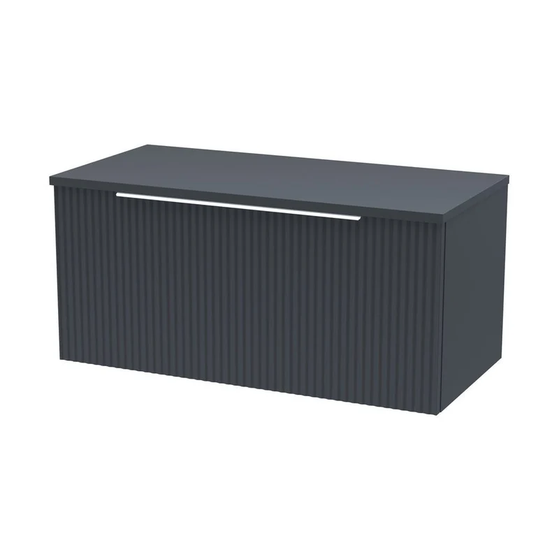 Hudson Reed Fluted 800mm Wall Hung Single Drawer Vanity & Worktop Contemp Soft Black MFC Painted Gloss 377x805x390mm
