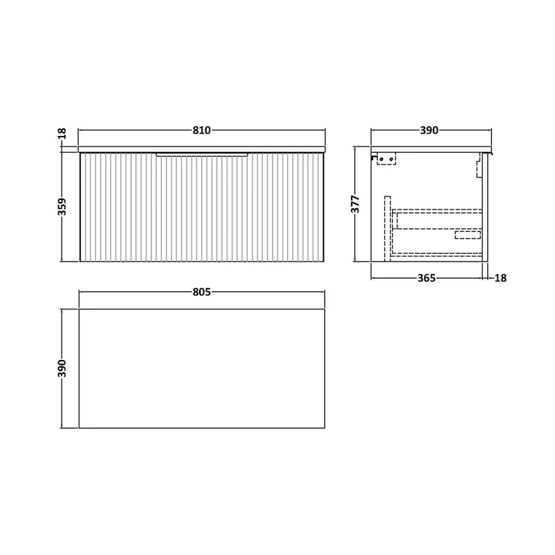 Hudson Reed Fluted 800mm Wall Hung Single Drawer Vanity & Worktop Contemp Soft Black MFC Painted Gloss 377x805x390mm