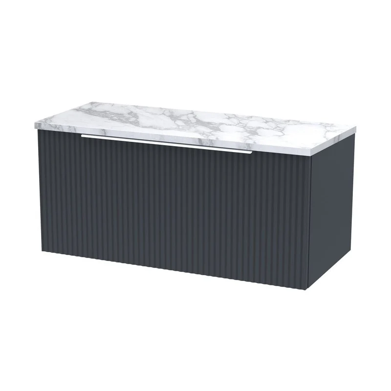 Hudson Reed Fluted 800mm Wall Hung Single Drawer Vanity & Laminate Worktop Contemp Soft Black MFC Painted Gloss 381x805x390mm
