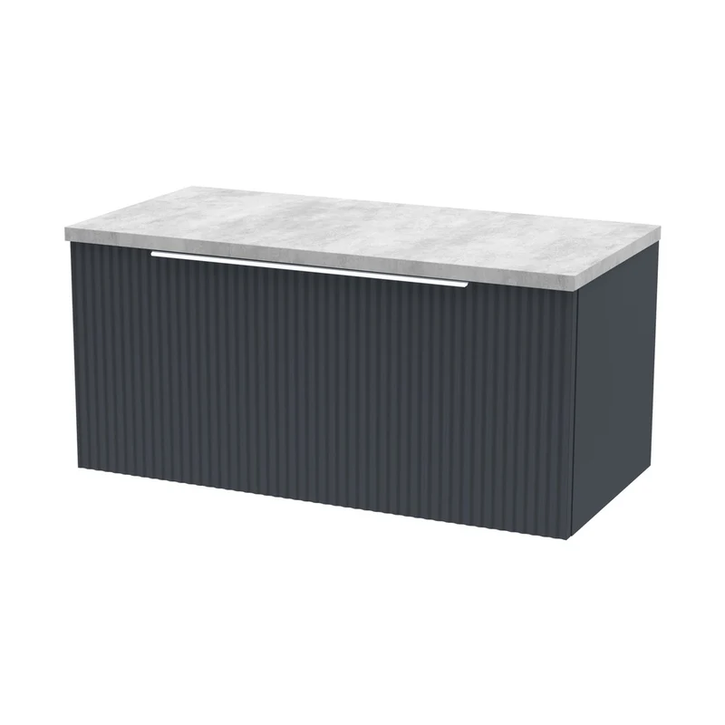 Hudson Reed Fluted 800mm Wall Hung Single Drawer Vanity & Laminate Top Contemp Soft Black MFC Painted Gloss 381x800x390mm - DFF1496LBG