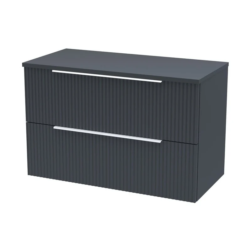 Hudson Reed Fluted 800mm Wall Hung 2 Drawer Vanity & Worktop Contemp Soft Black MFC Painted Gloss 518x805x390mm