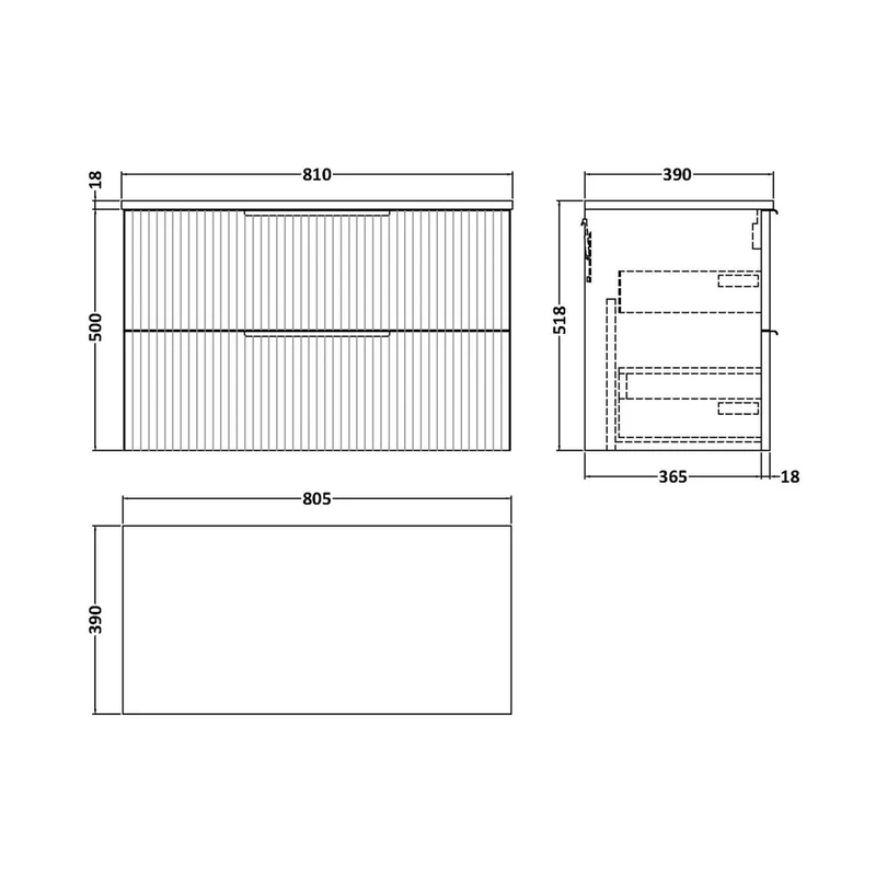 Hudson Reed Fluted 800mm Wall Hung 2 Drawer Vanity & Worktop Contemp Soft Black MFC Painted Gloss 518x805x390mm