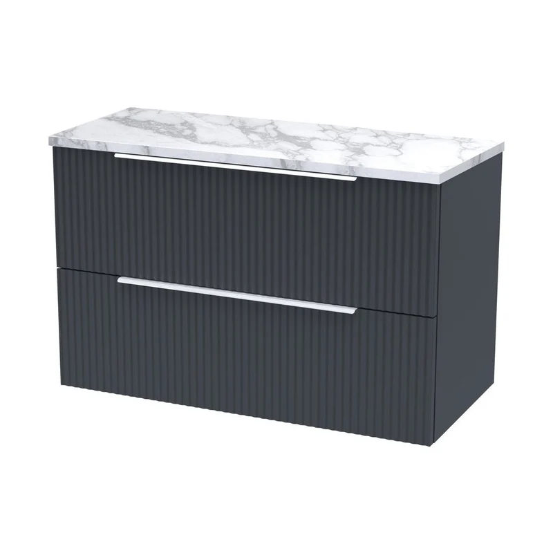 Hudson Reed Fluted 800 Wall Hung 2-drawer Vanity & Laminate Worktop Contemp Soft Black MFC Painted Gloss 522x805x390mm