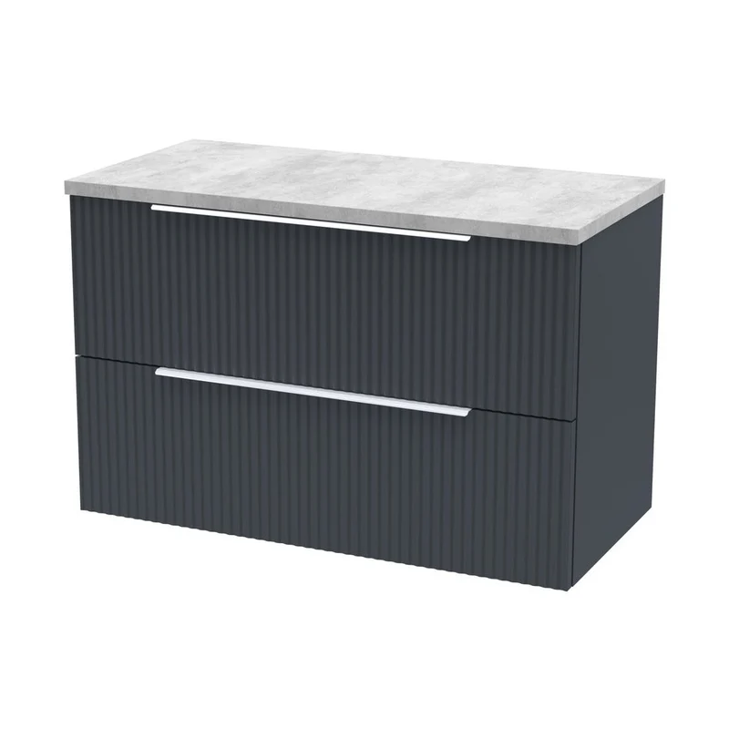 Hudson Reed Fluted 800mm Wall Hung 2 Drawer Vanity & Laminate Top Contemp Soft Black MFC Painted Gloss 522x805x390mm - DFF1495LBG