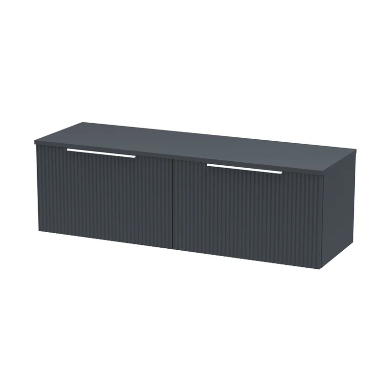 Hudson Reed Fluted 1200mm Wall Hung 2 Drawer Vanity & Worktop Contemp Soft Black MFC Painted Gloss 377x1205x390mm