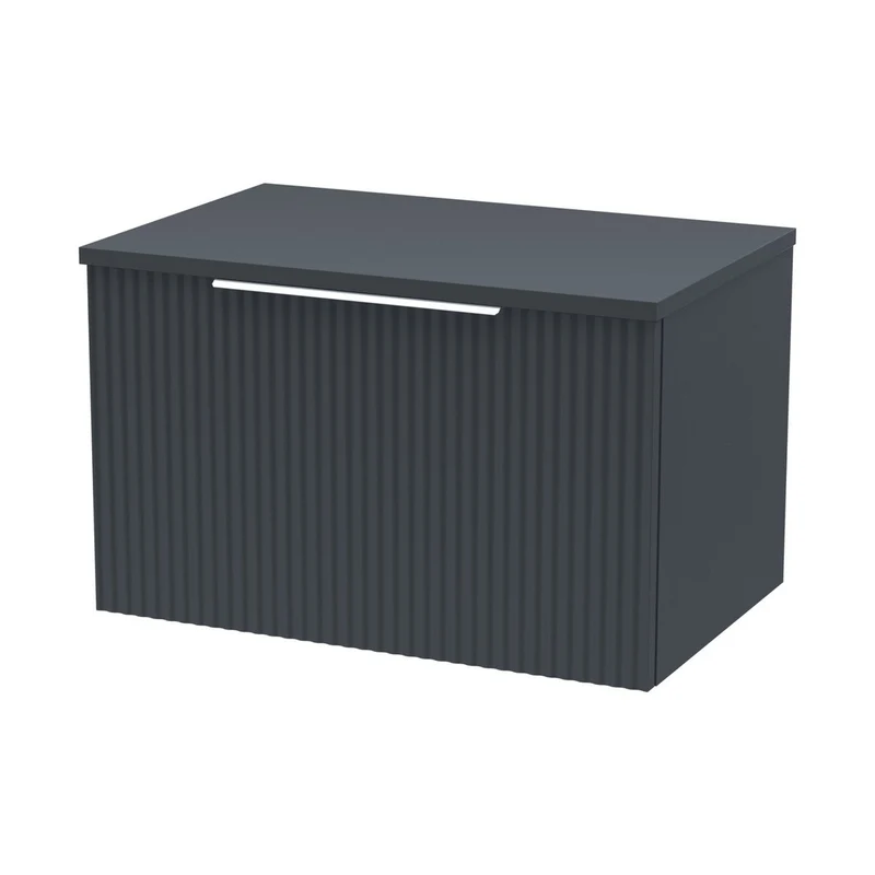 Hudson Reed Fluted 600mm Wall Hung Single Drawer Vanity & Worktop Contemp Soft Black MFC Painted Gloss 377x605x390mm