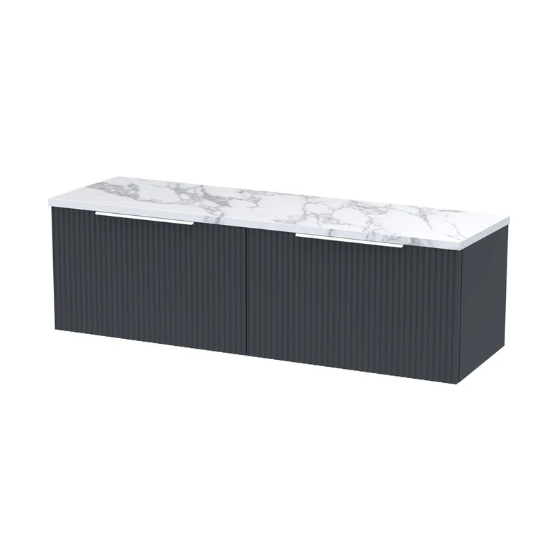 Hudson Reed Fluted 1200 Wall Hung 2-drawer Vanity & Laminate Worktop Contemp Soft Black MFC Painted Gloss 405x1215x455mm - DFF1494LCM2