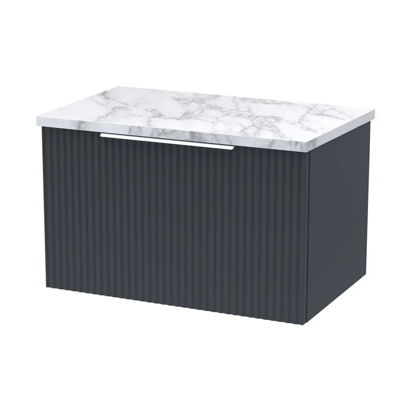 Hudson Reed Fluted 600 Wall Hung Single Drawer Vanity & Laminate Worktop Contemp Soft Black MFC Painted Gloss 381x605x390mm