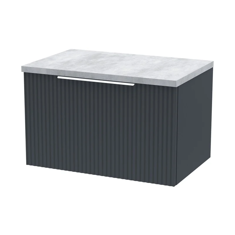 Hudson Reed Fluted 600mm Wall Hung Single Drawer Vanity & Laminate Top Contemp Soft Black MFC Painted Gloss 381x605x390mm - DFF1494LBG
