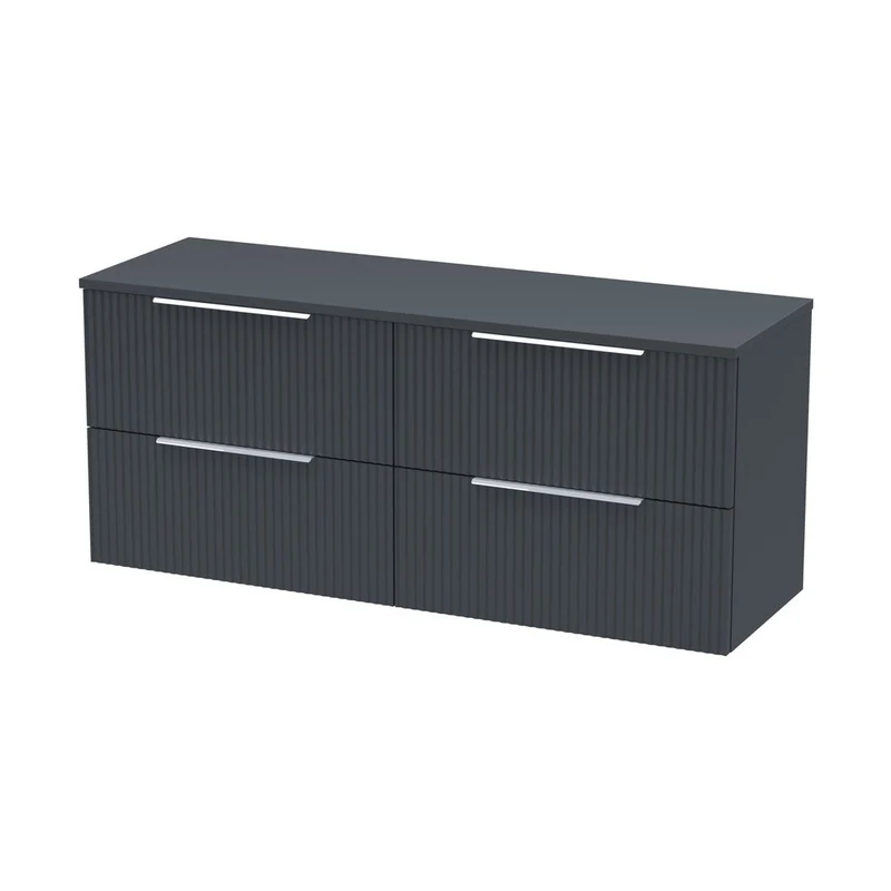 Hudson Reed Fluted 1200mm Wall Hung 4 Drawer Vanity & Worktop Contemp Soft Black MFC Painted Gloss 518x1205x390mm