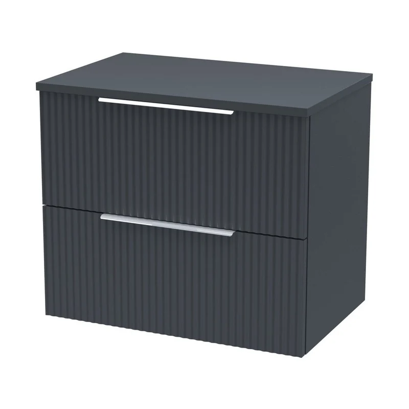 Hudson Reed Fluted 600mm Wall Hung 2 Drawer Vanity & Worktop Contemp Soft Black MFC Painted Gloss 518x605x390mm