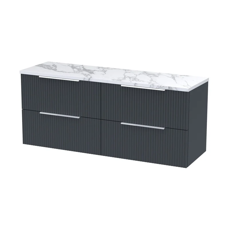 Hudson Reed Fluted 1200 Wall Hung 4-drawer Vanity & Laminate Worktop Contemp Soft Black MFC Painted Gloss 545x1215x455mm - DFF1493LCM2