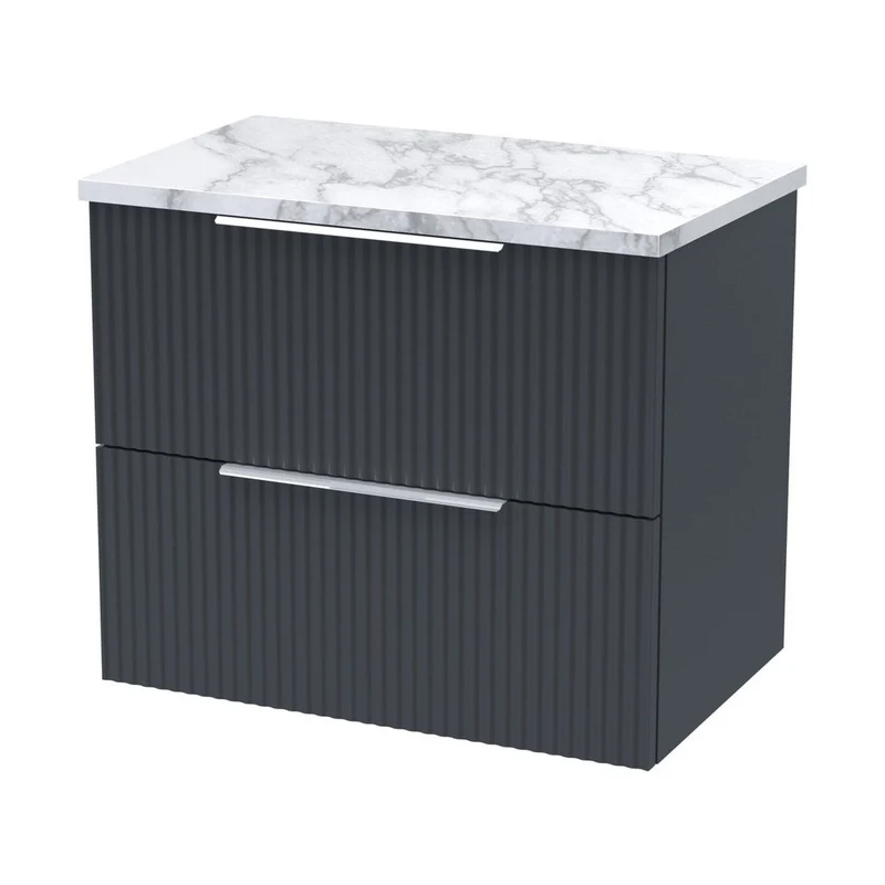 Hudson Reed Fluted 600 Wall Hung 2-drawer Vanity & Laminate Worktop Contemp Soft Black MFC Painted Gloss 522x605x390mm