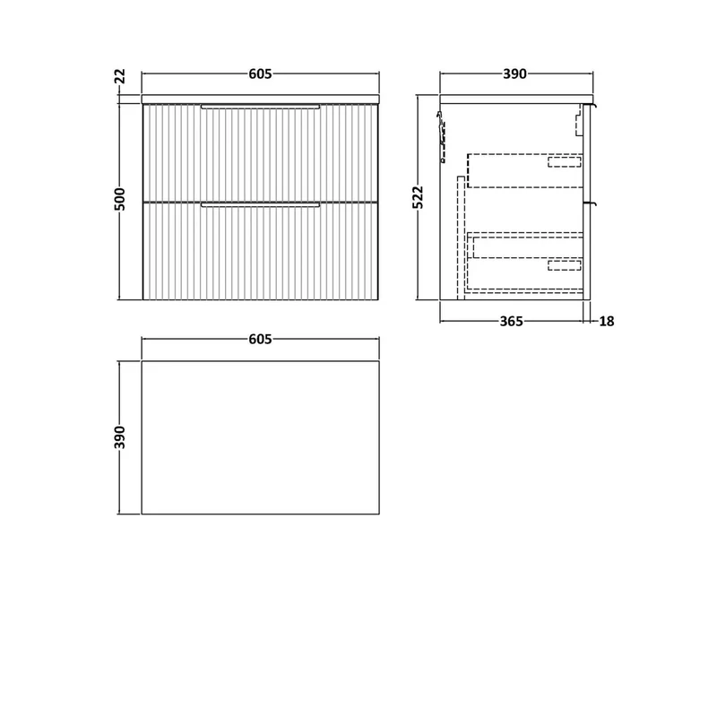 Hudson Reed Fluted 600 Wall Hung 2-drawer Vanity & Laminate Worktop Contemp Soft Black MFC Painted Gloss 522x605x390mm
