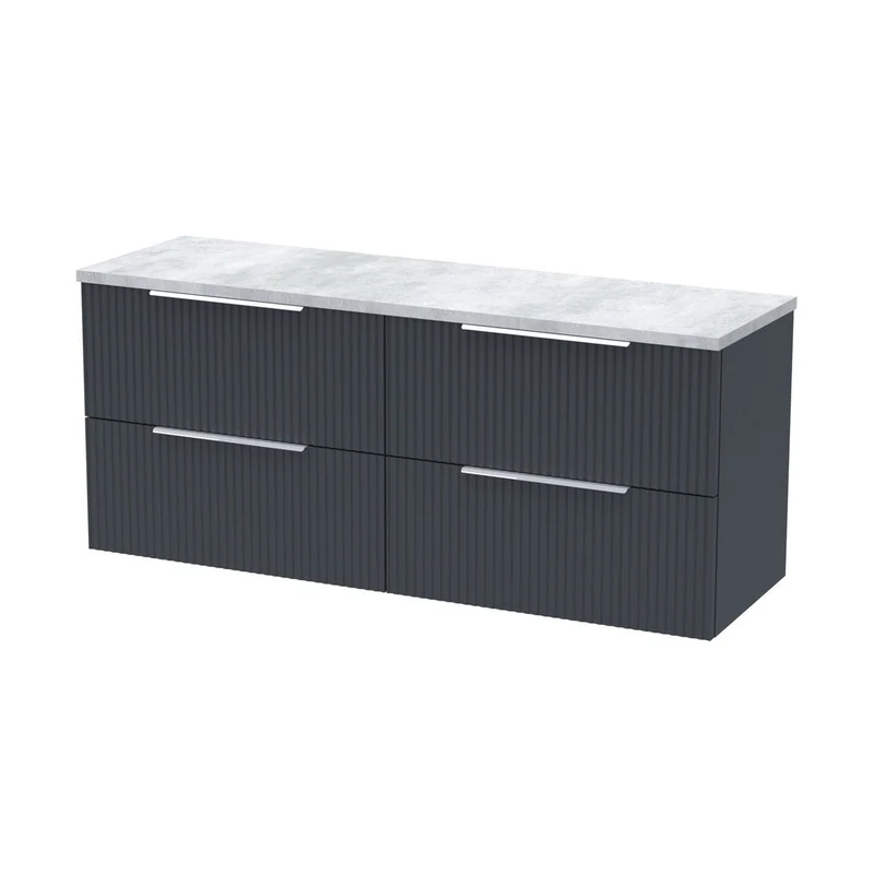 Hudson Reed Fluted 1200 Wall Hung 4-drawer Vanity & Laminate Worktop Contemp Soft Black MFC Painted Gloss 545x1215x455mm - DFF1493LBG2