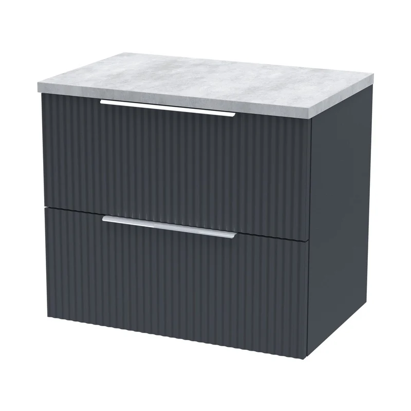 Hudson Reed Fluted 600mm Wall Hung 2 Drawer Vanity & Laminate Top Contemp Soft Black MFC Painted Gloss 522x605x390mm - DFF1493LBG
