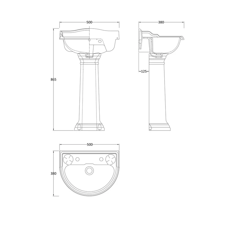 Hudson Reed Chancery 500mm Basin & Pedestal (2 Tap Hole) Trad White Vitreous China 855x500x400mm