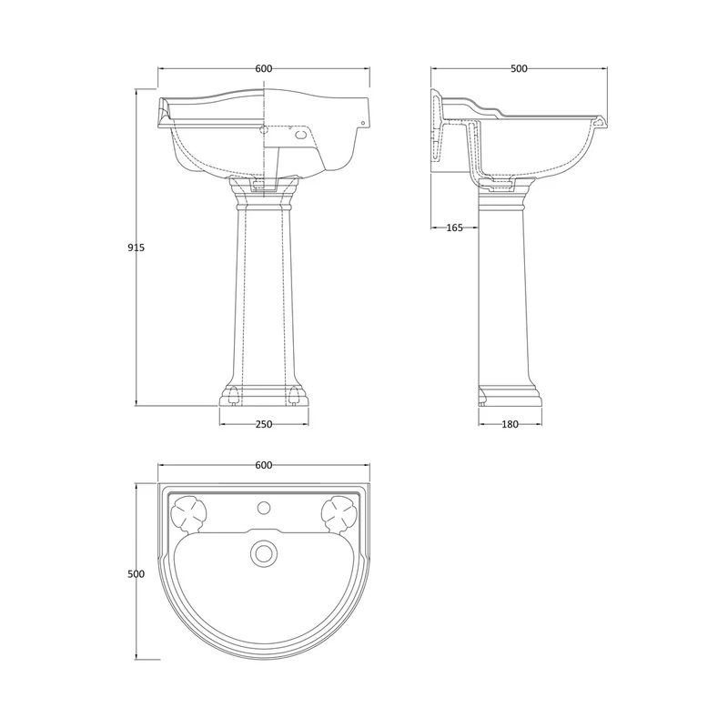 Hudson Reed Chancery 600mm Basin & Pedestal (1 Tap Hole) Trad White Vitreous China 935x600x500mm