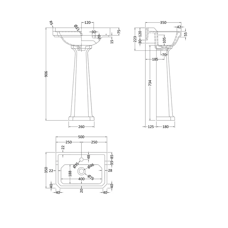 Hudson Reed Richmond 500mm 1th Basin & Comfort Height Ped Trad White Vitreous China 914x500x350mm